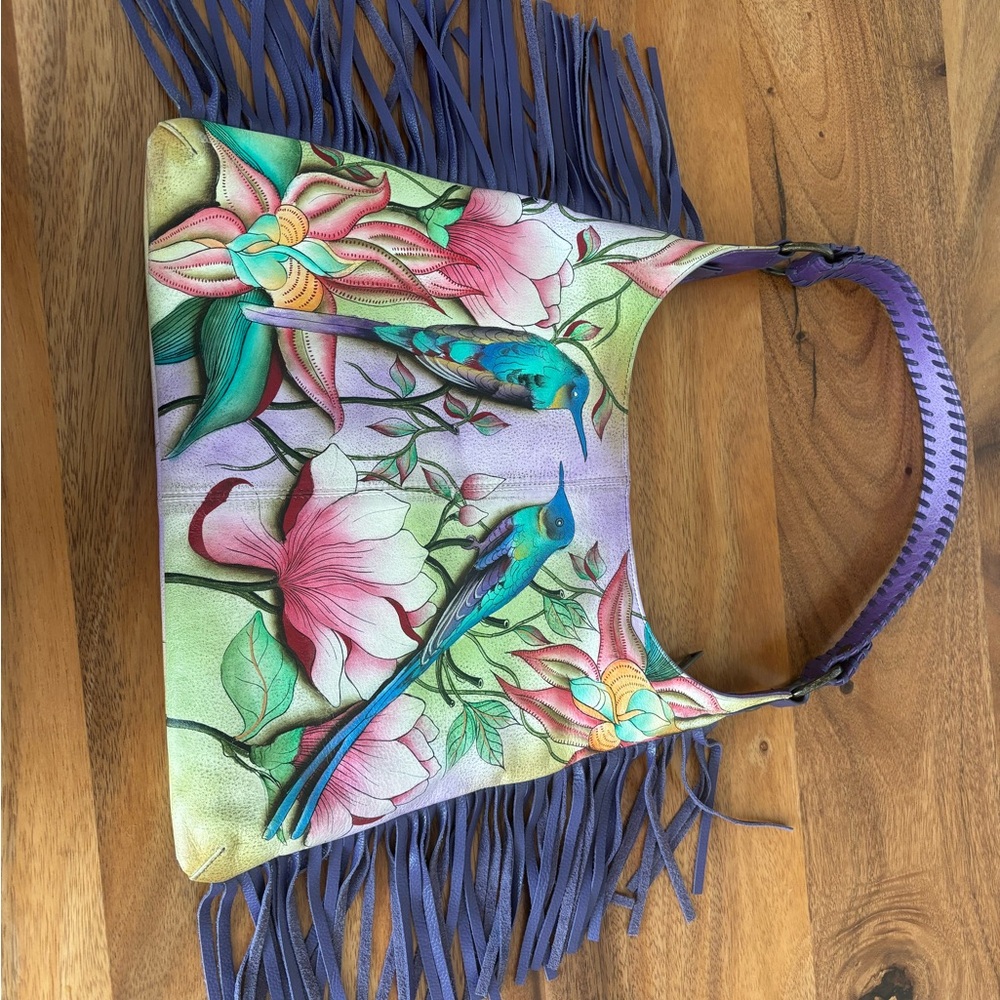 Anuschka Purple and Green Hobo Handbag with Floral Print and Fringe